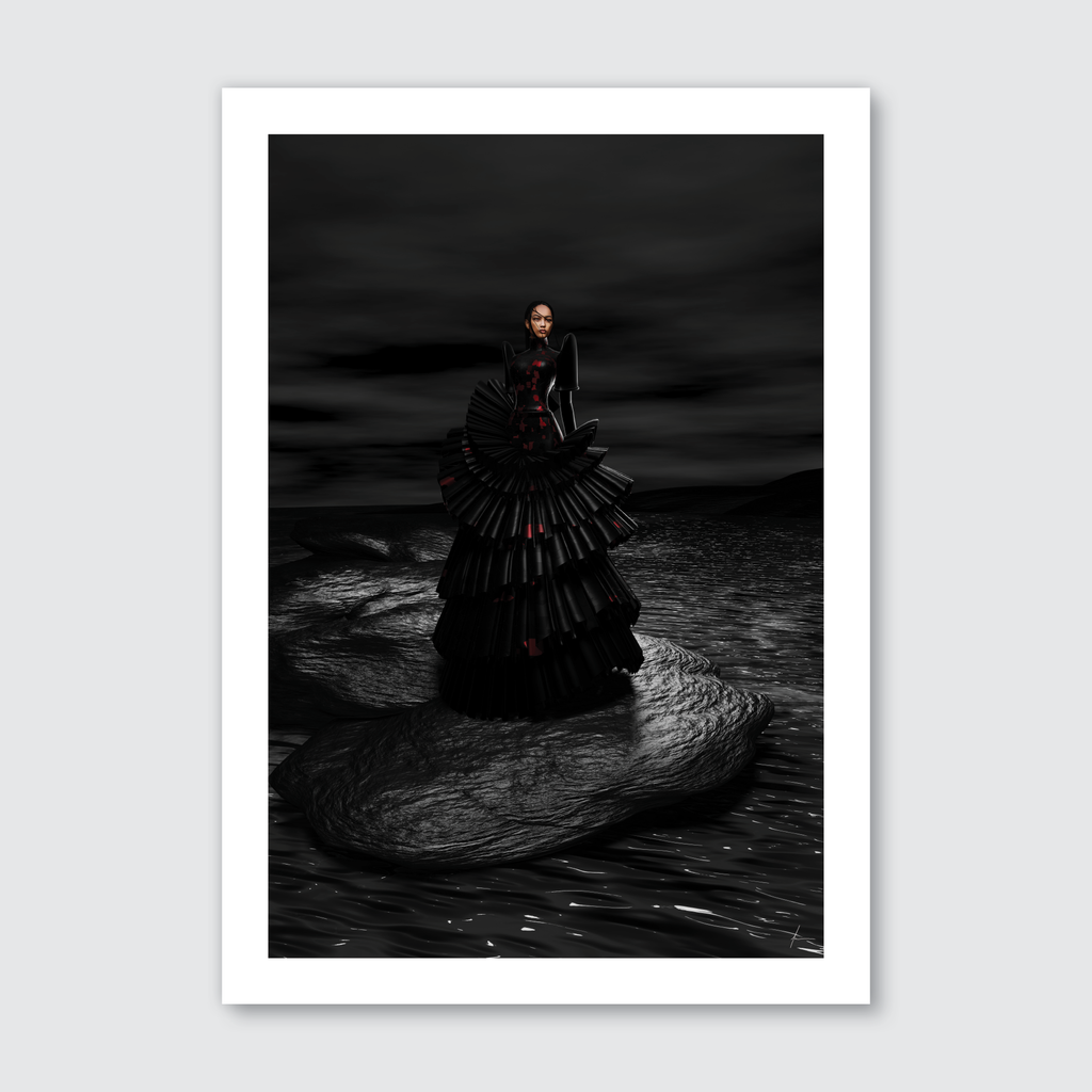 Stunning woman in black long dress standing on a rock with moody background. 