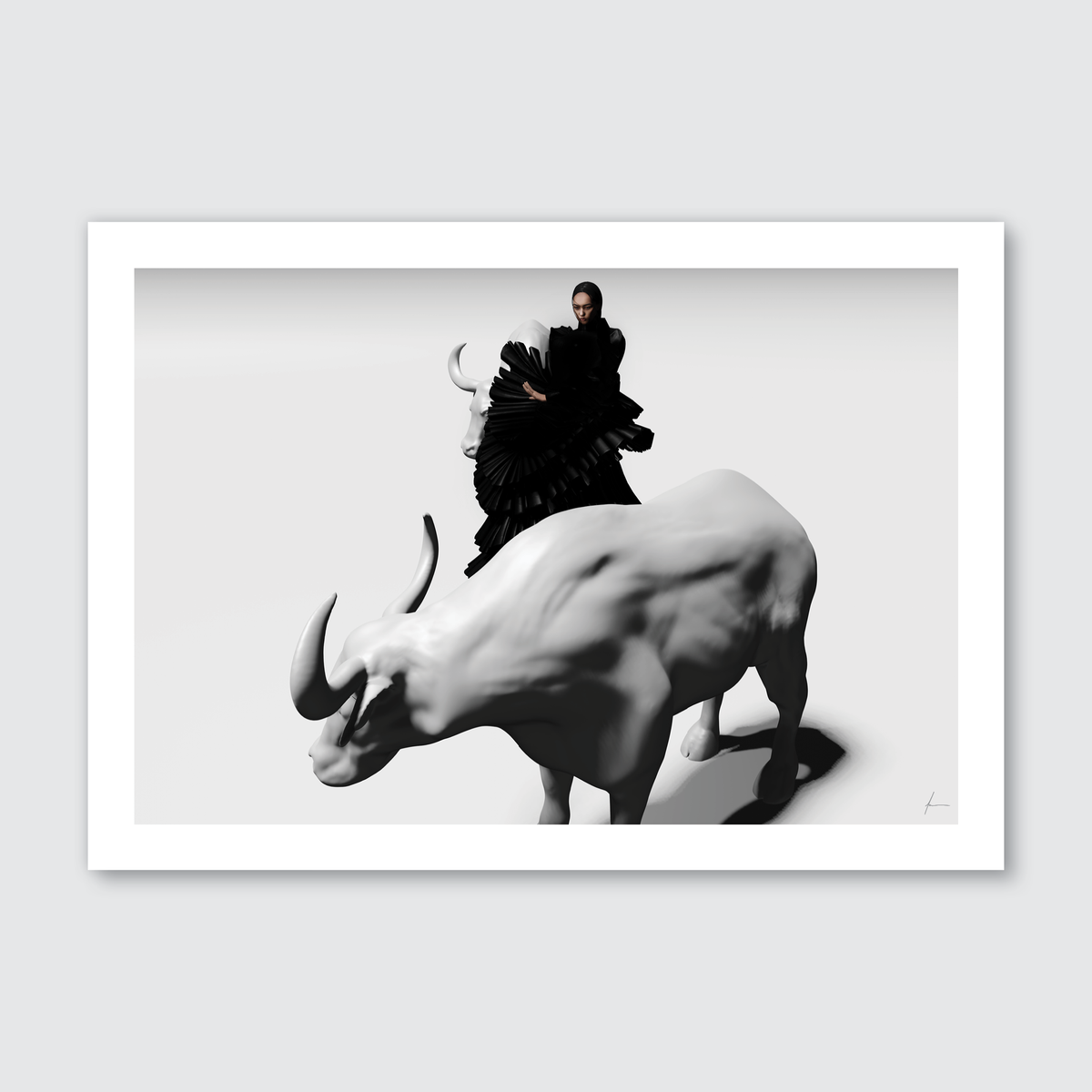 A black and white image featuring a person on a digital fashion model wearing a filipino terno, with a large bull-like figure in the foreground.