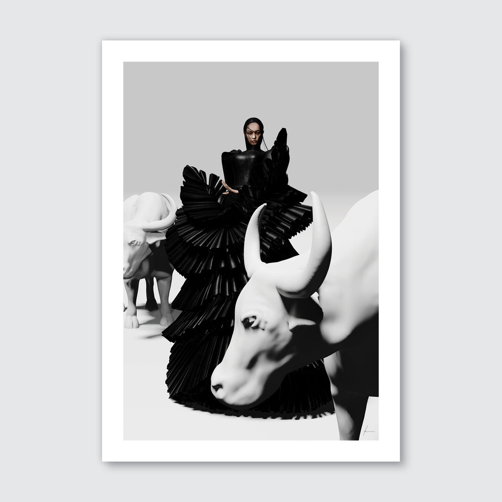 A black and white image featuring a person in a filipino terno standing among sculptural representations of animals, likely a part of a fashion photoshoot or artistic presentation.