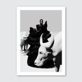 A black and white image featuring a person in a filipino terno standing among sculptural representations of animals, likely a part of a fashion photoshoot or artistic presentation.