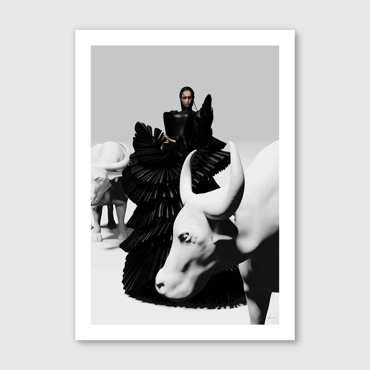 A black and white image featuring a person in a filipino terno standing among sculptural representations of animals, likely a part of a fashion photoshoot or artistic presentation.