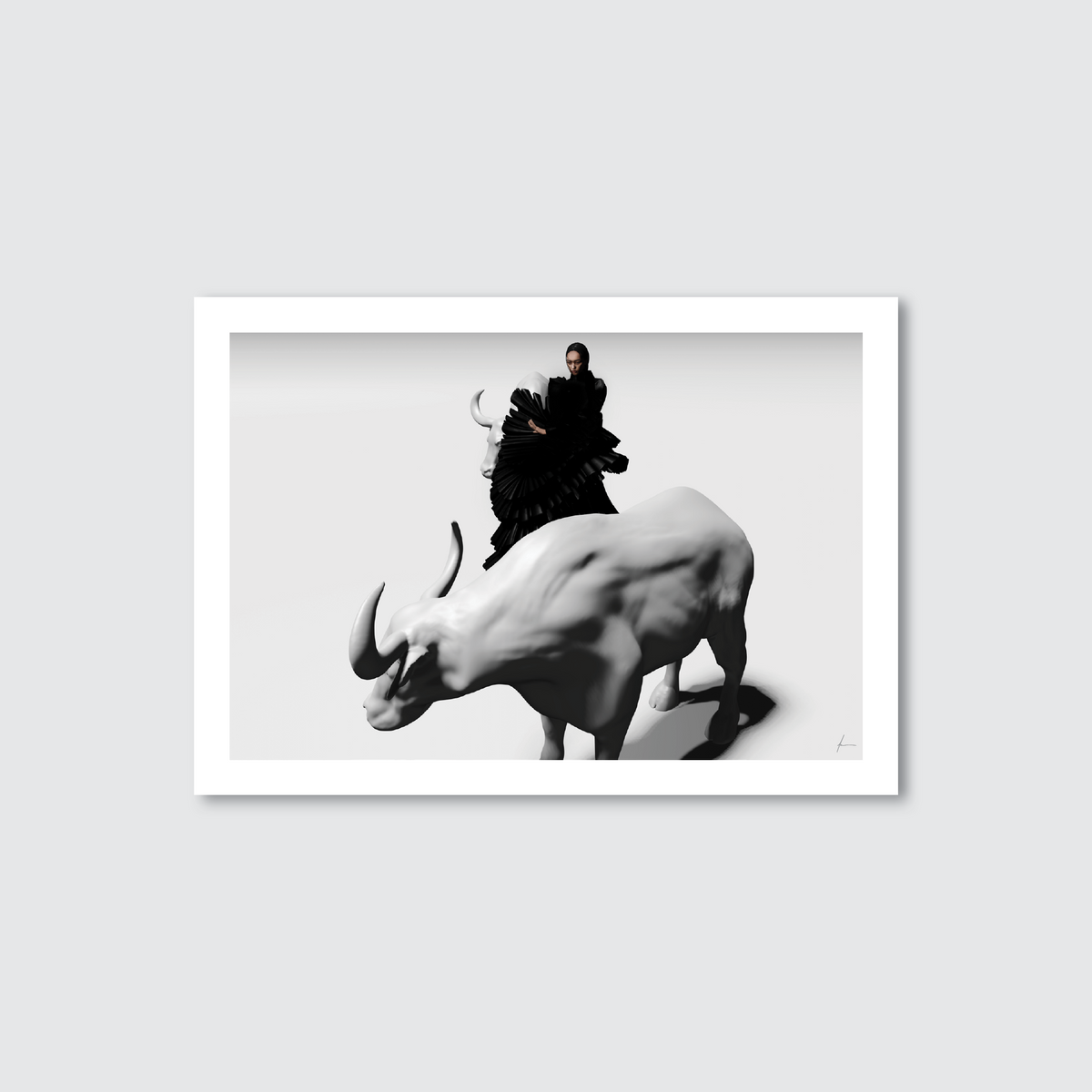 A black and white image featuring a person on a digital fashion model wearing a filipino terno, with a large bull-like figure in the foreground.