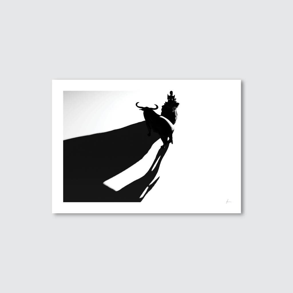 A black and white image of a person in a silhouette style with a filipino terno, standing on a boat with the sea and sky in the background.