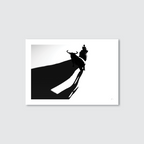 A black and white image of a person in a silhouette style with a filipino terno, standing on a boat with the sea and sky in the background.