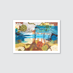 A colourful abstract artwork featuring various patterns and organic shapes, predominantly in blue and yellow tones, with the artist's signature in the lower right corner.