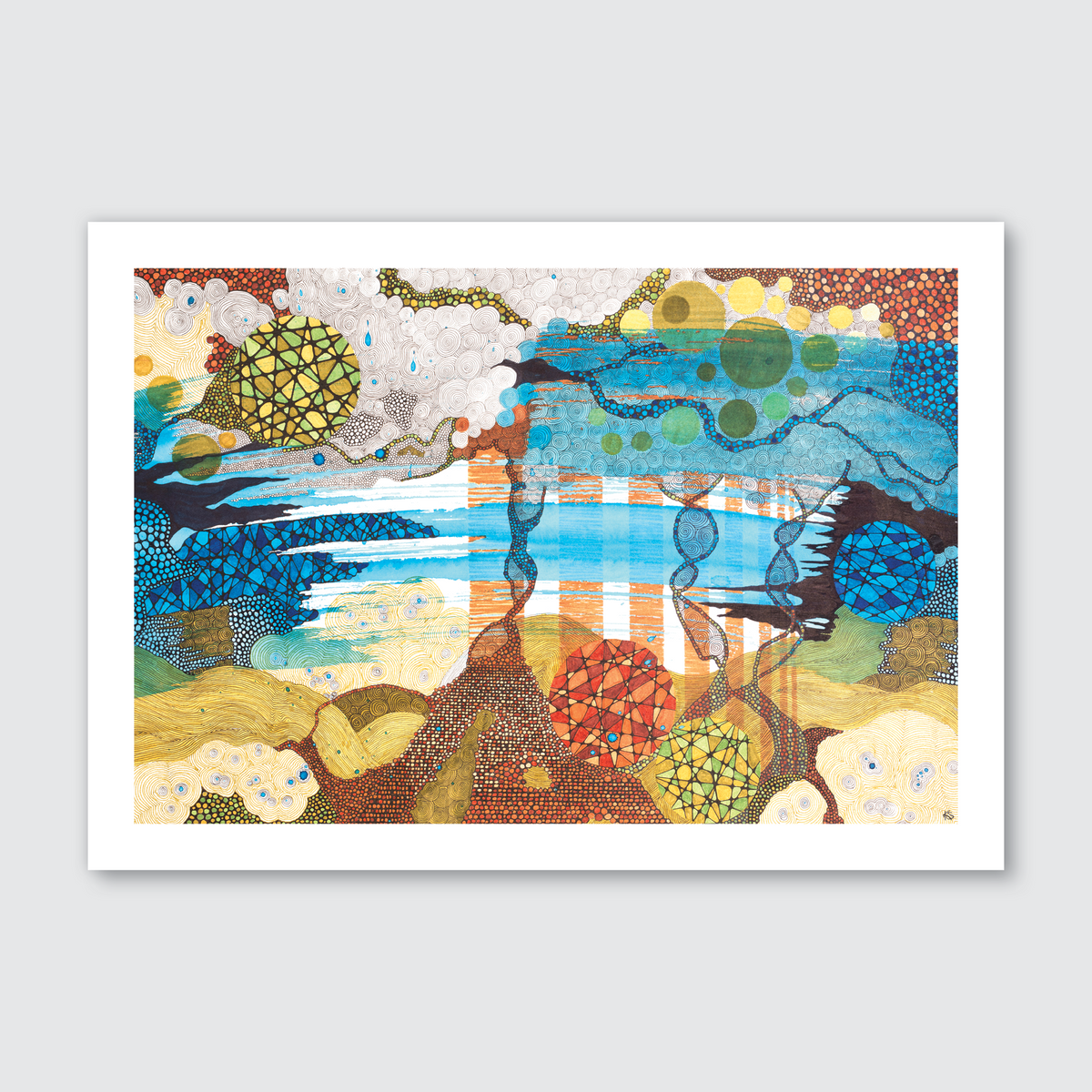 A colorful abstract artwork featuring various patterns and organic shapes, predominantly in blue and yellow tones, with the artist's signature in the lower right corner.