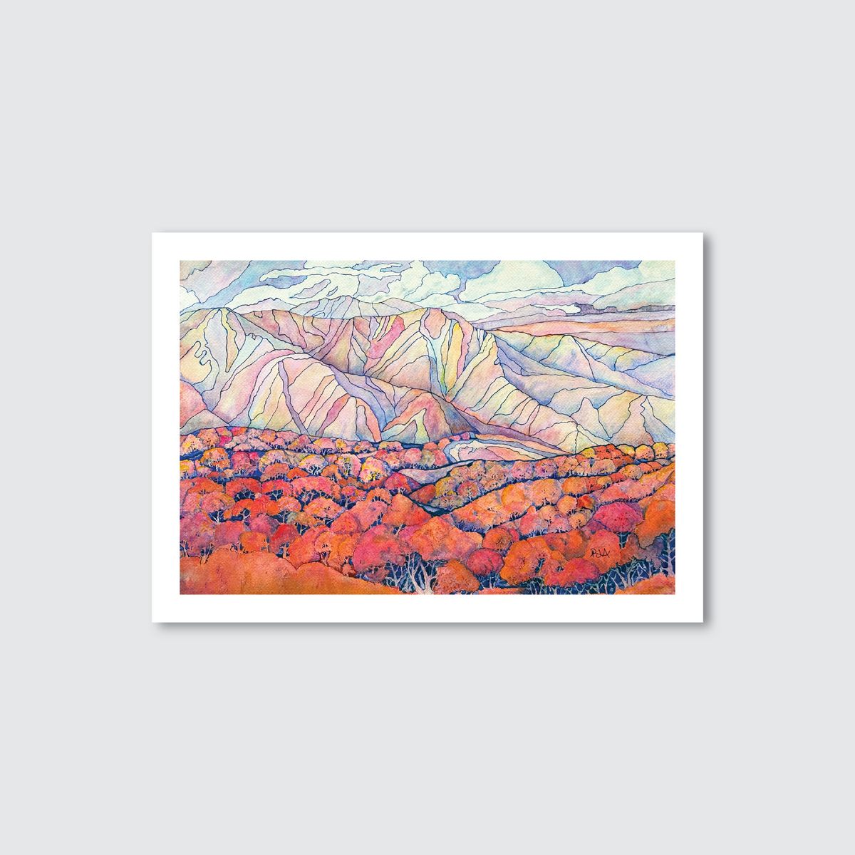 Colourful landscape with mountains and flowers on a light grey background