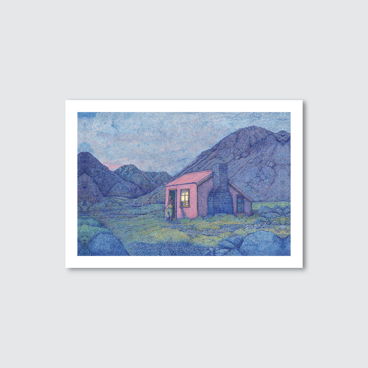 Framed artwork of a mountain landscape with a pink Kea hut in New Zealand, South Island.