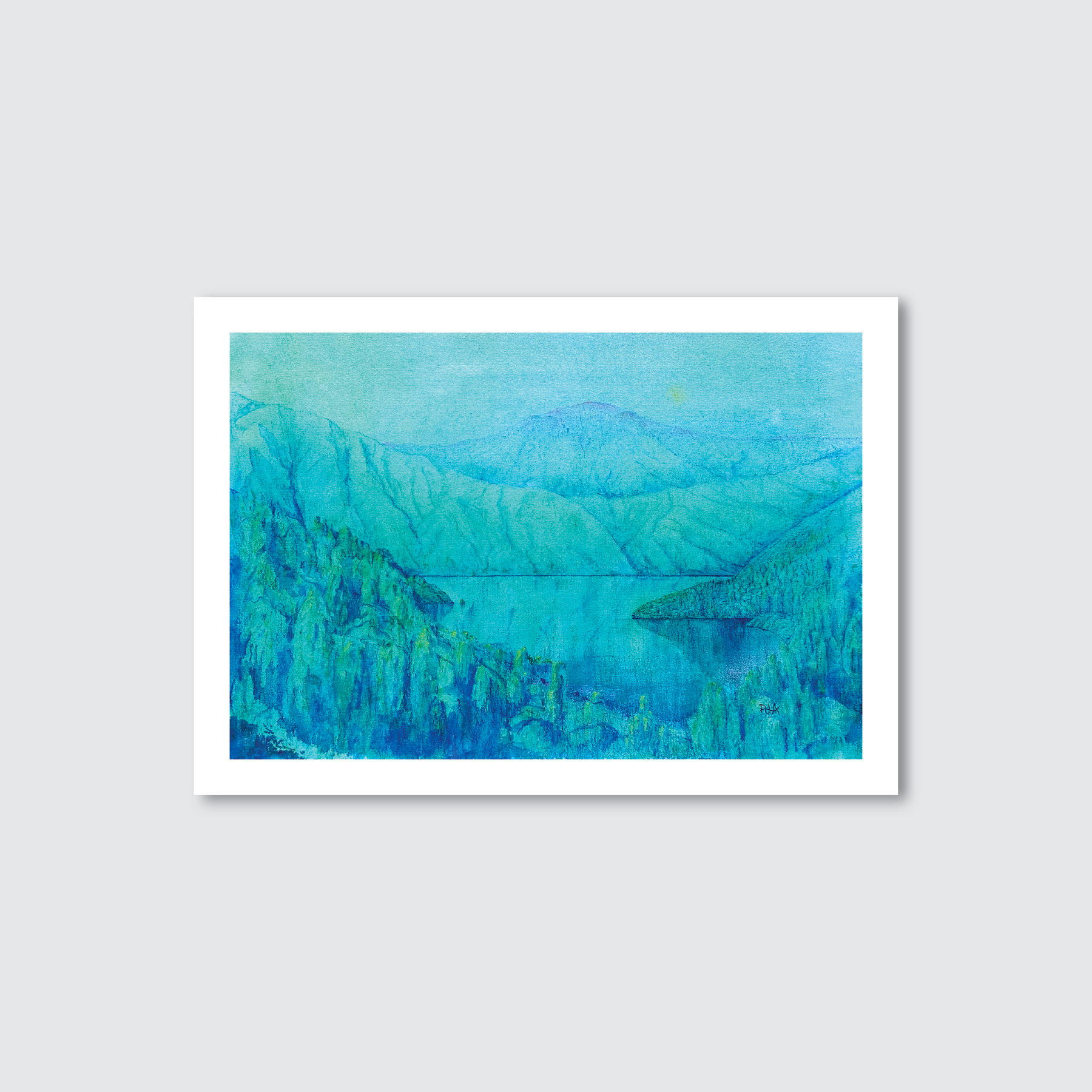 Framed artwork of a blue mountain Lake Haze in New Zealand landscape on a light gray background