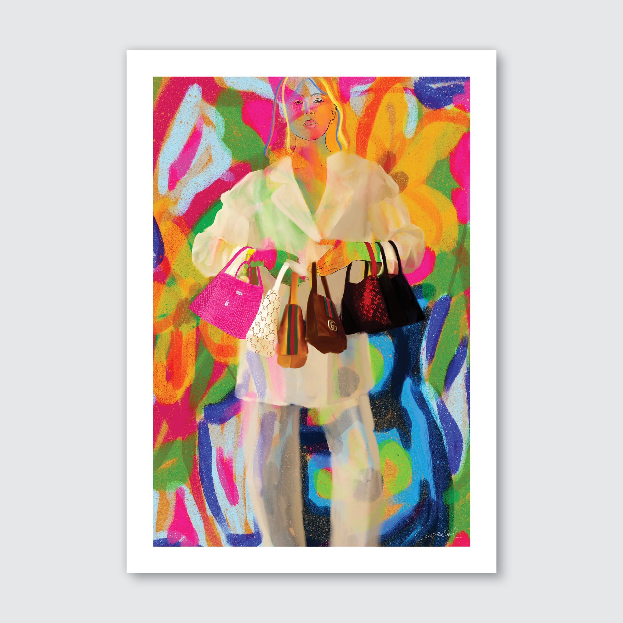 A digitally created painting of a person holding multiple bags, with a colorful and vibrant graffiti-like background.