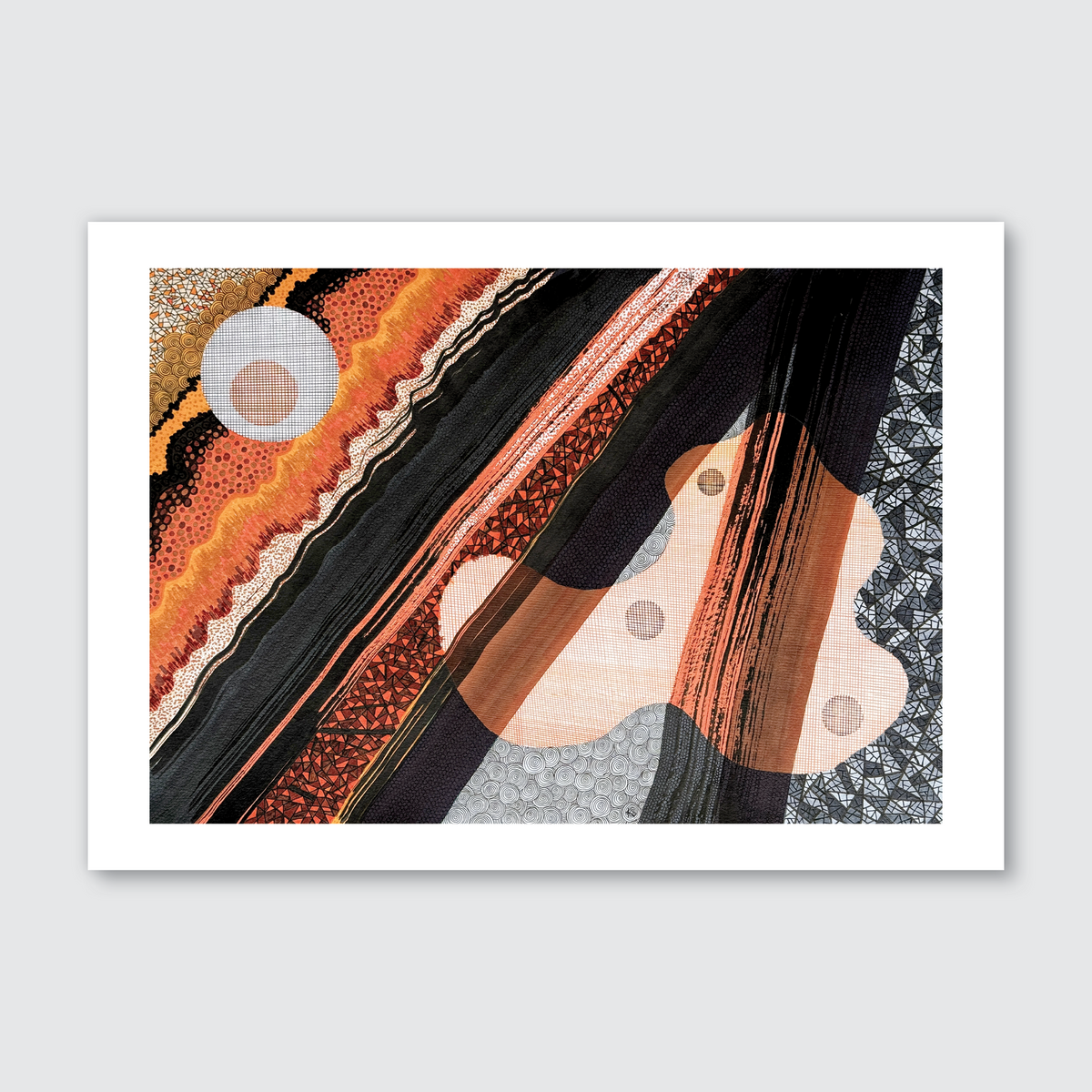 Abstract contemporary artwork with intricate mosaic and dotted textures, flowing black and orange layered forms, white circular motifs, and swirling blue accents creating dynamic movement and depth.
