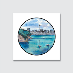 A hand-painted watercolour and ink artwork depicting a round composition with a cityscape and boats on a body of water. The artwork is on a white, smooth finish paper.