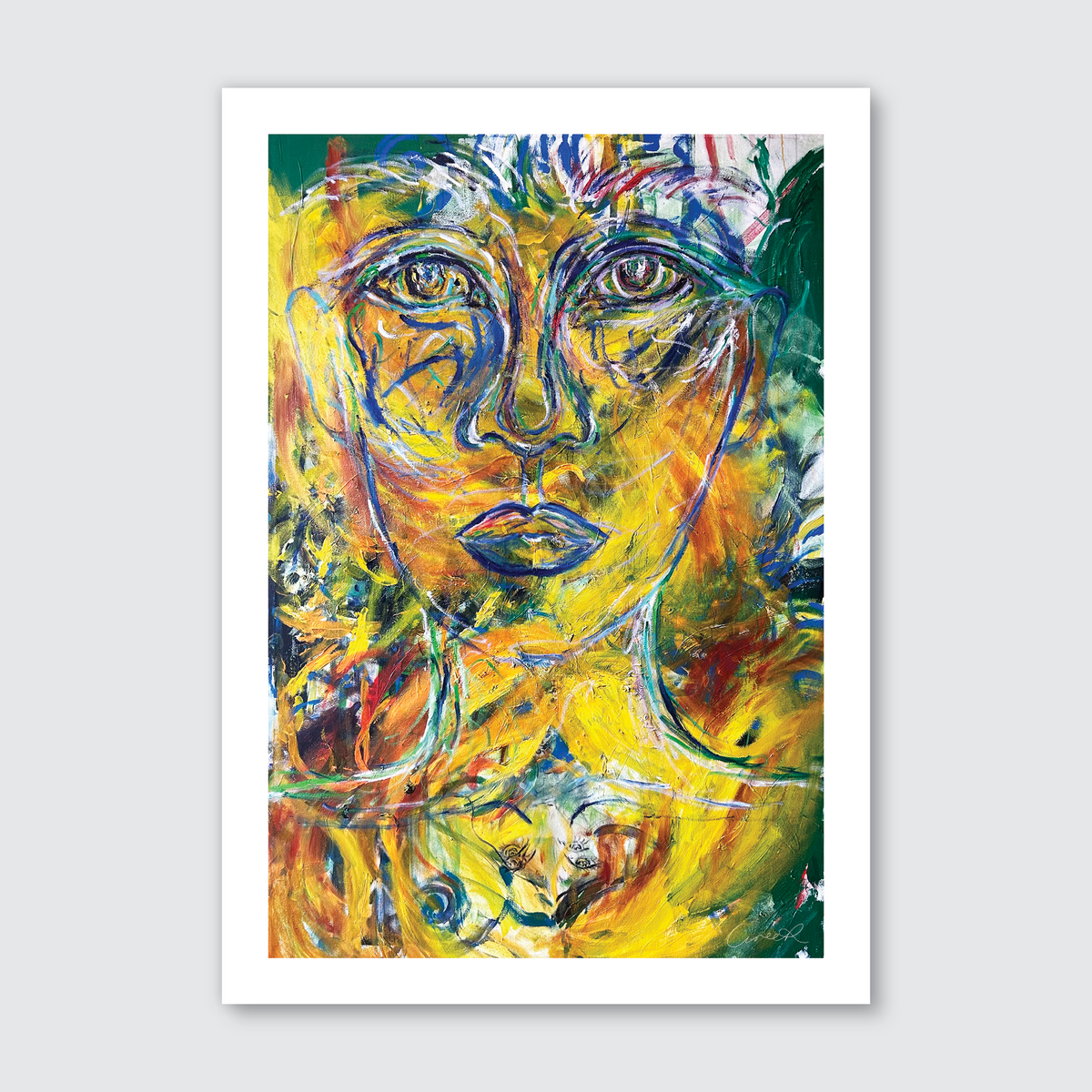 A colorful abstract art print featuring a depiction of a woman's face at the center with surrounding abstract shapes and a prominent yellow hue.