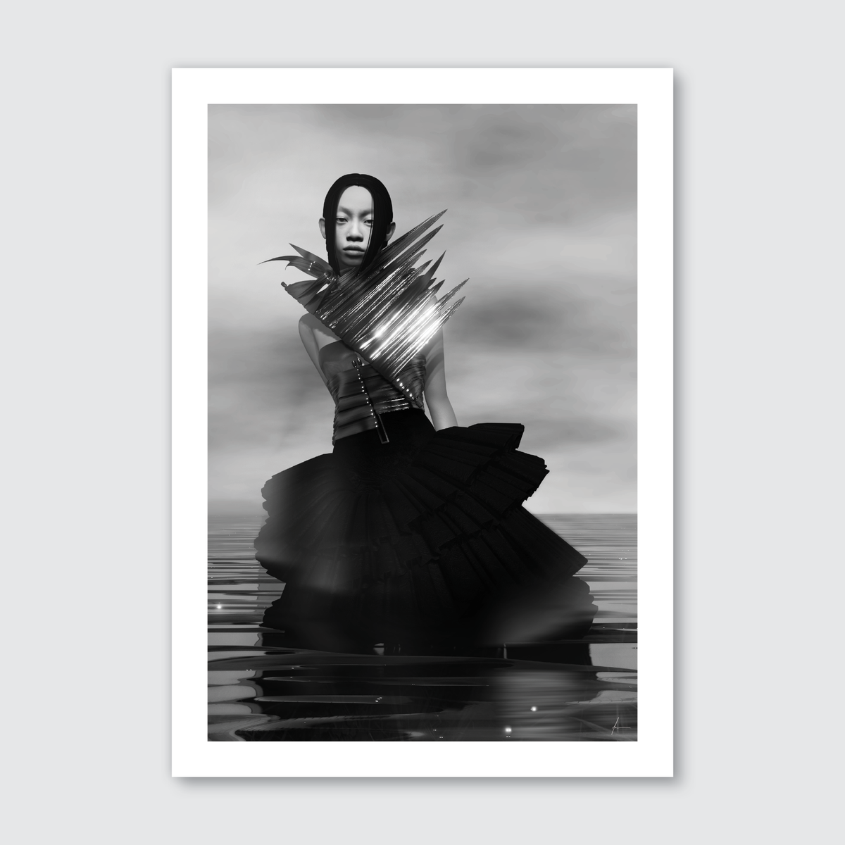 A black and white photograph featuring a person seated on a stool by the water, with a large, decorative object resembling a plant in front of them. The setting appears to be outdoors, possibly during a sunny day.