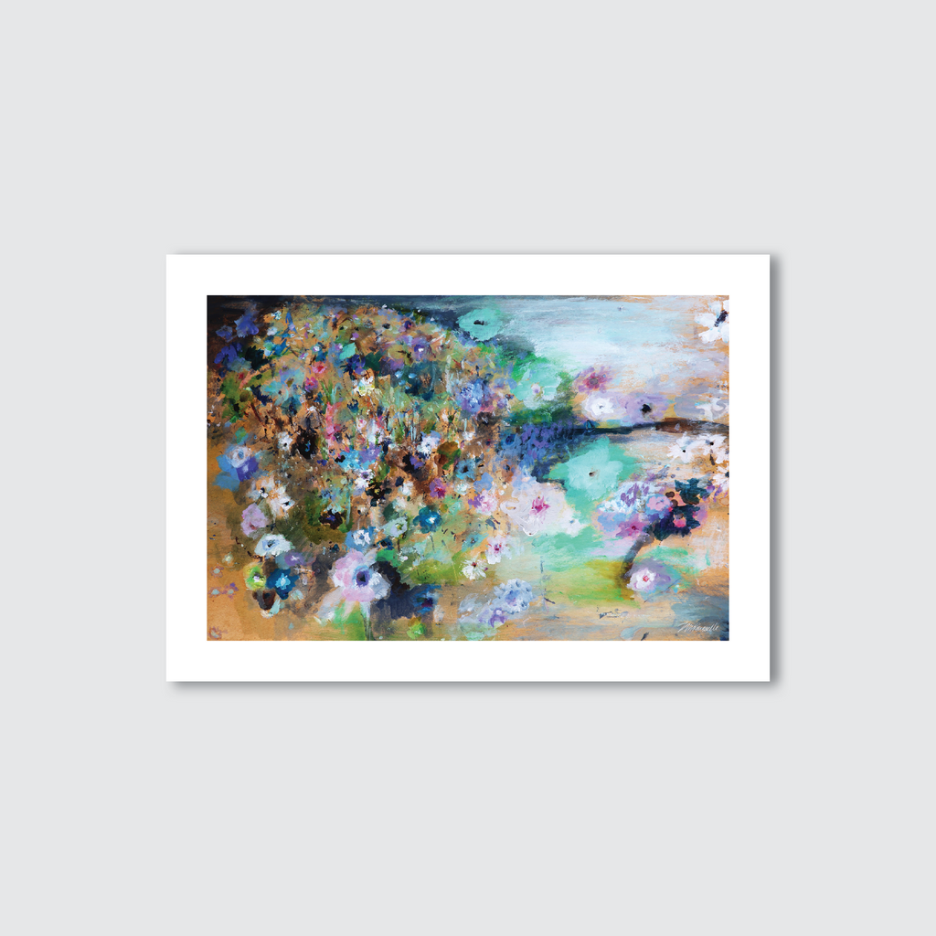 Hand-painted acrylic artwork featuring a colorful floral composition with a variety of flowers depicted in a garden setting.