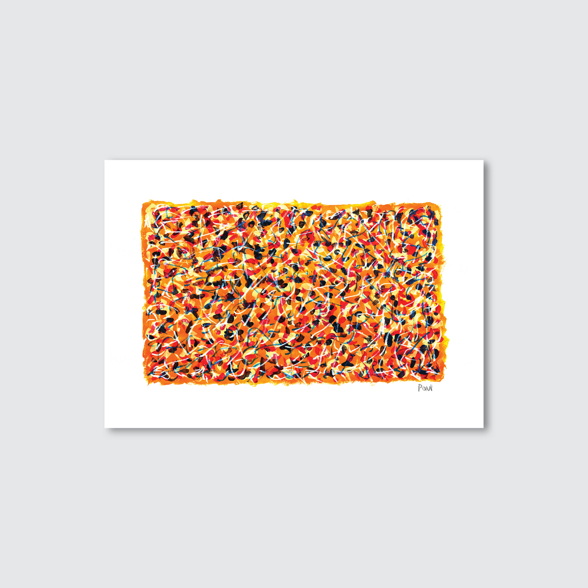 A vibrant abstract artwork made with watercolour and acrylic on paper, featuring swirls and coils with a freehand border.