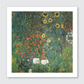 A vibrant art print featuring a field of poppies and other wildflowers with a golden sky, inspired by Gustav Klimt's work.