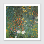 A vibrant art print featuring a field of poppies and other wildflowers with a golden sky, inspired by Gustav Klimt's work.