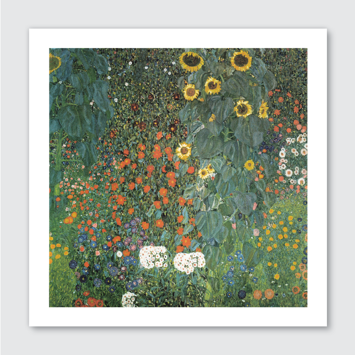 A vibrant art print featuring a field of poppies and other wildflowers with a golden sky, inspired by Gustav Klimt's work.