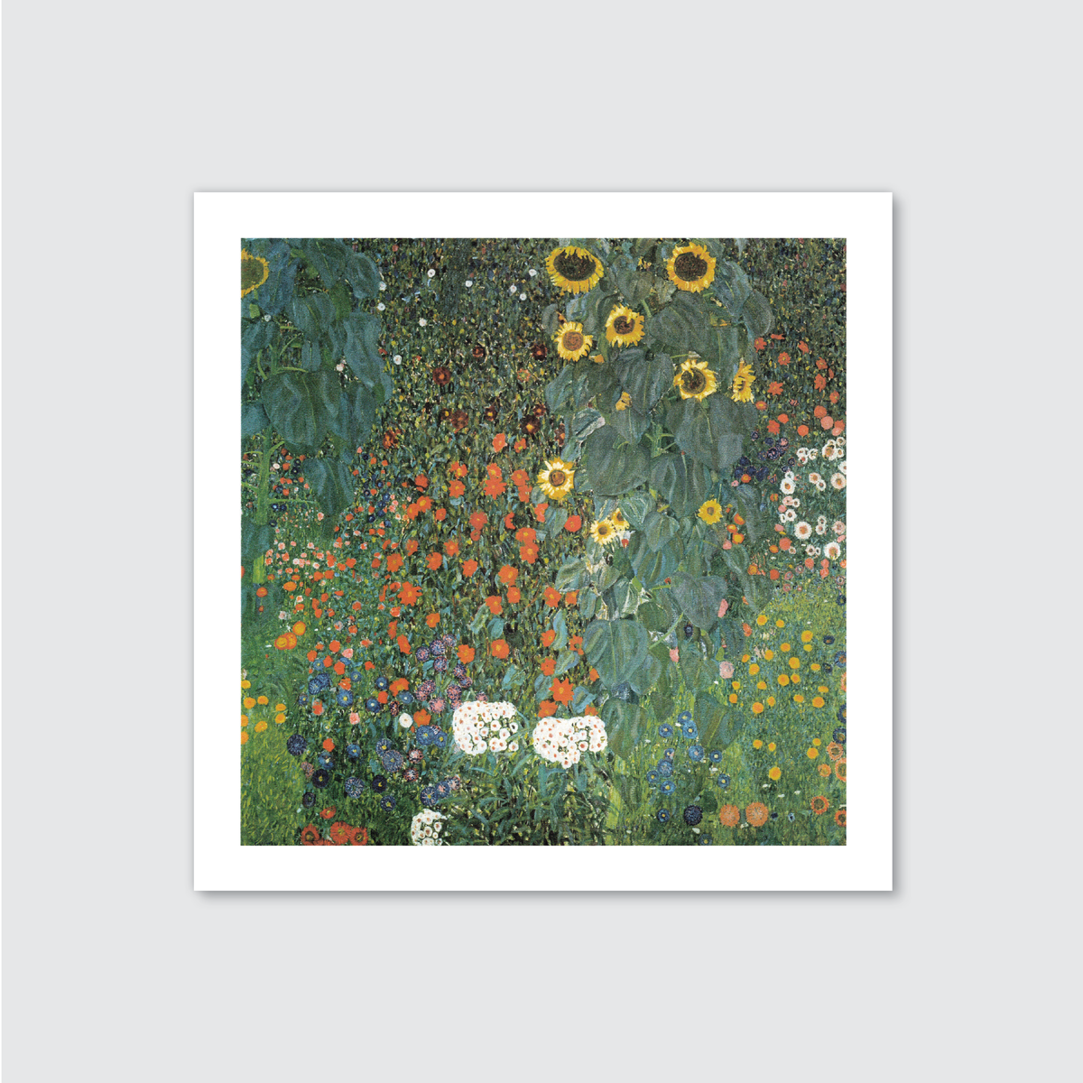 Framed artwork of a colorful floral garden on a light gray background