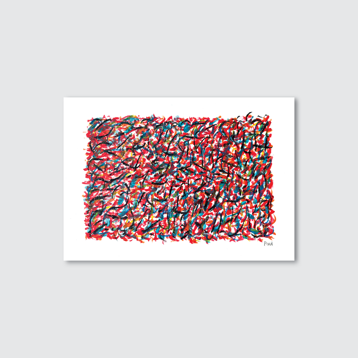 Abstract artwork with colourful brush strokes on a white background.