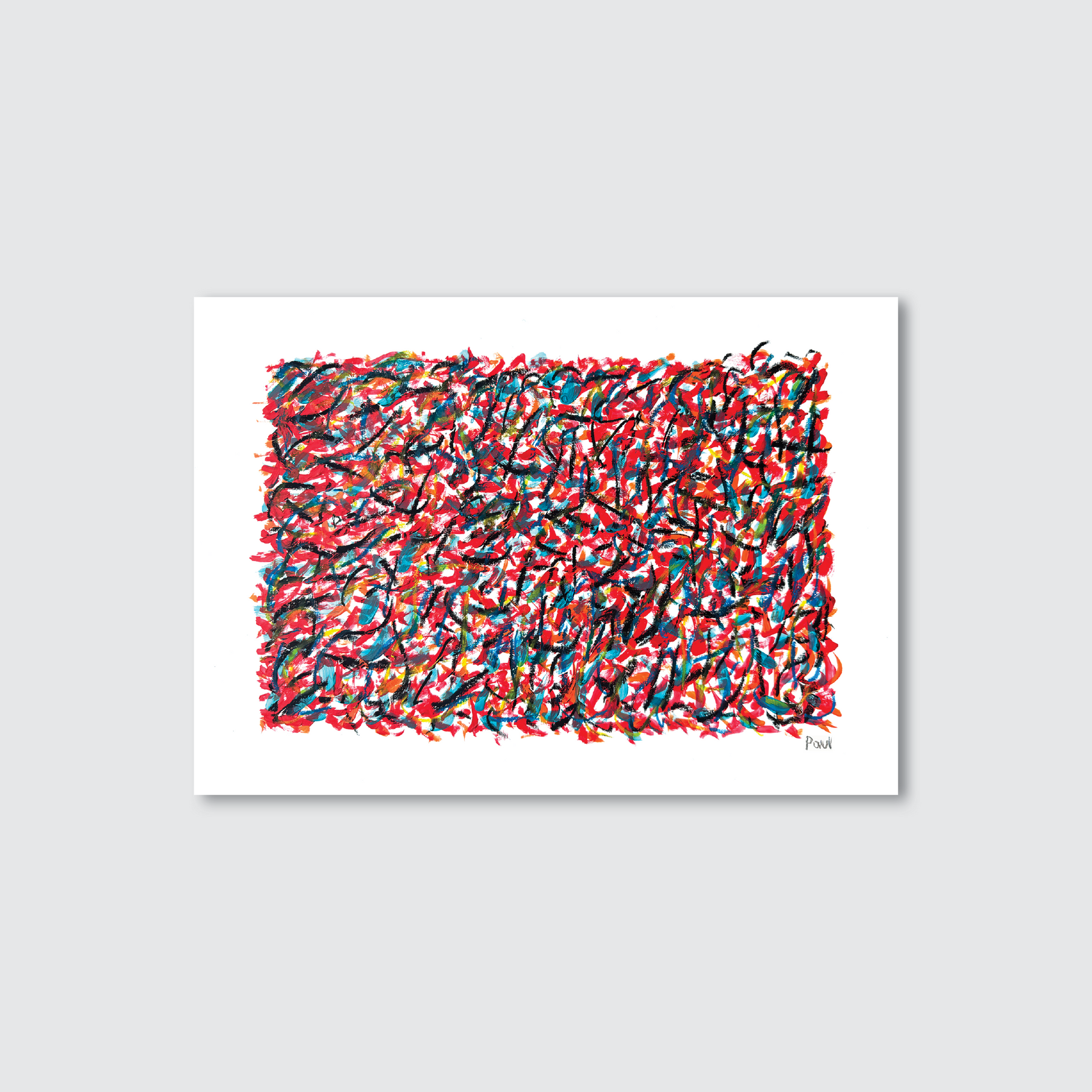 Abstract artwork with colourful brush strokes on a white background.