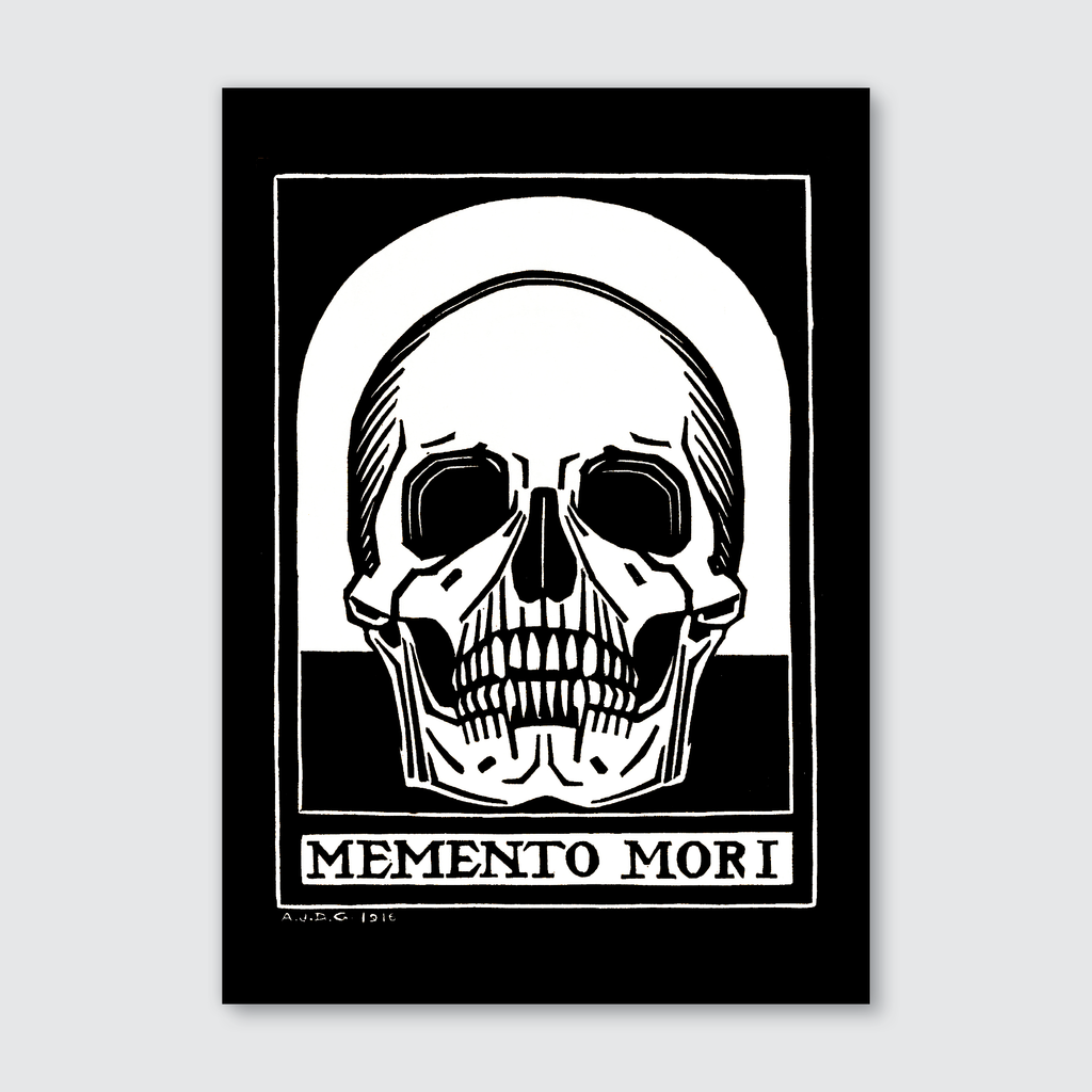 A woodcut print featuring a skull with the text 'MEMENTO MORI' at the bottom, rendered in black and white.