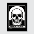 A woodcut print featuring a skull with the text 'MEMENTO MORI' at the bottom, rendered in black and white.