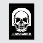 A woodcut print featuring a skull with the text 'MEMENTO MORI' at the bottom, rendered in black and white.