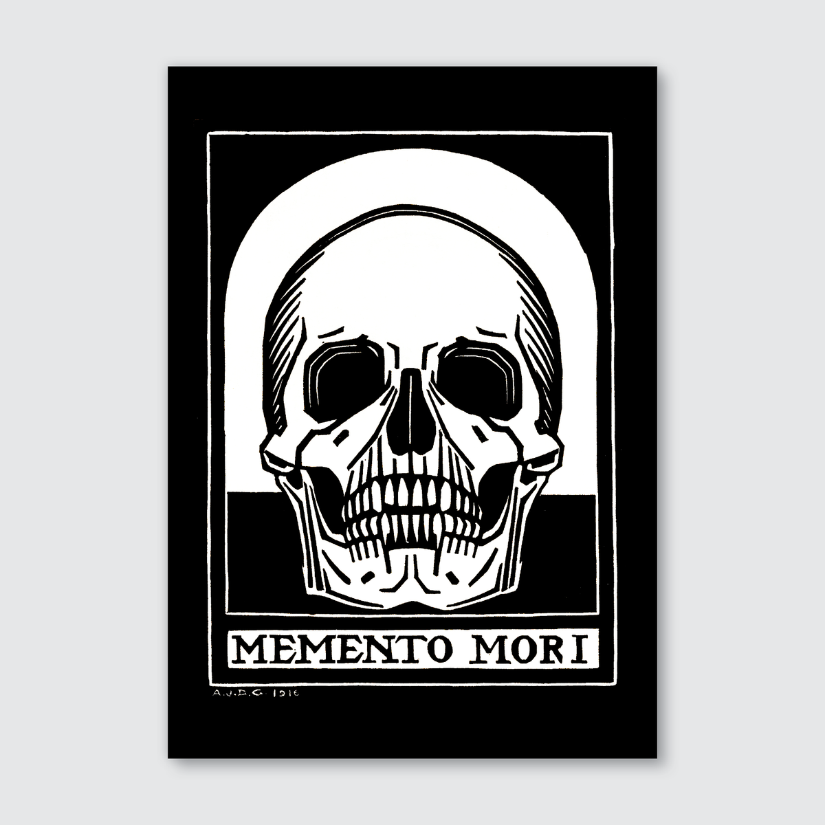 A woodcut print featuring a skull with the text 'MEMENTO MORI' at the bottom, rendered in black and white.