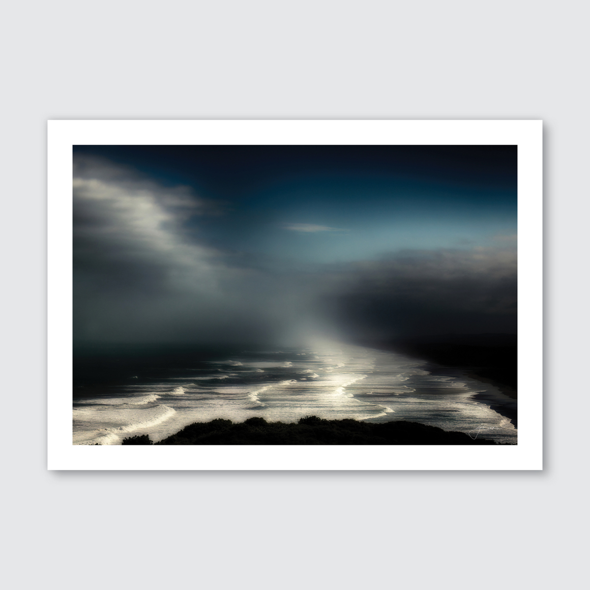 A photograph of Muriwai Beach with a mystical and eerie atmosphere, featuring the sea and coastal terrain.