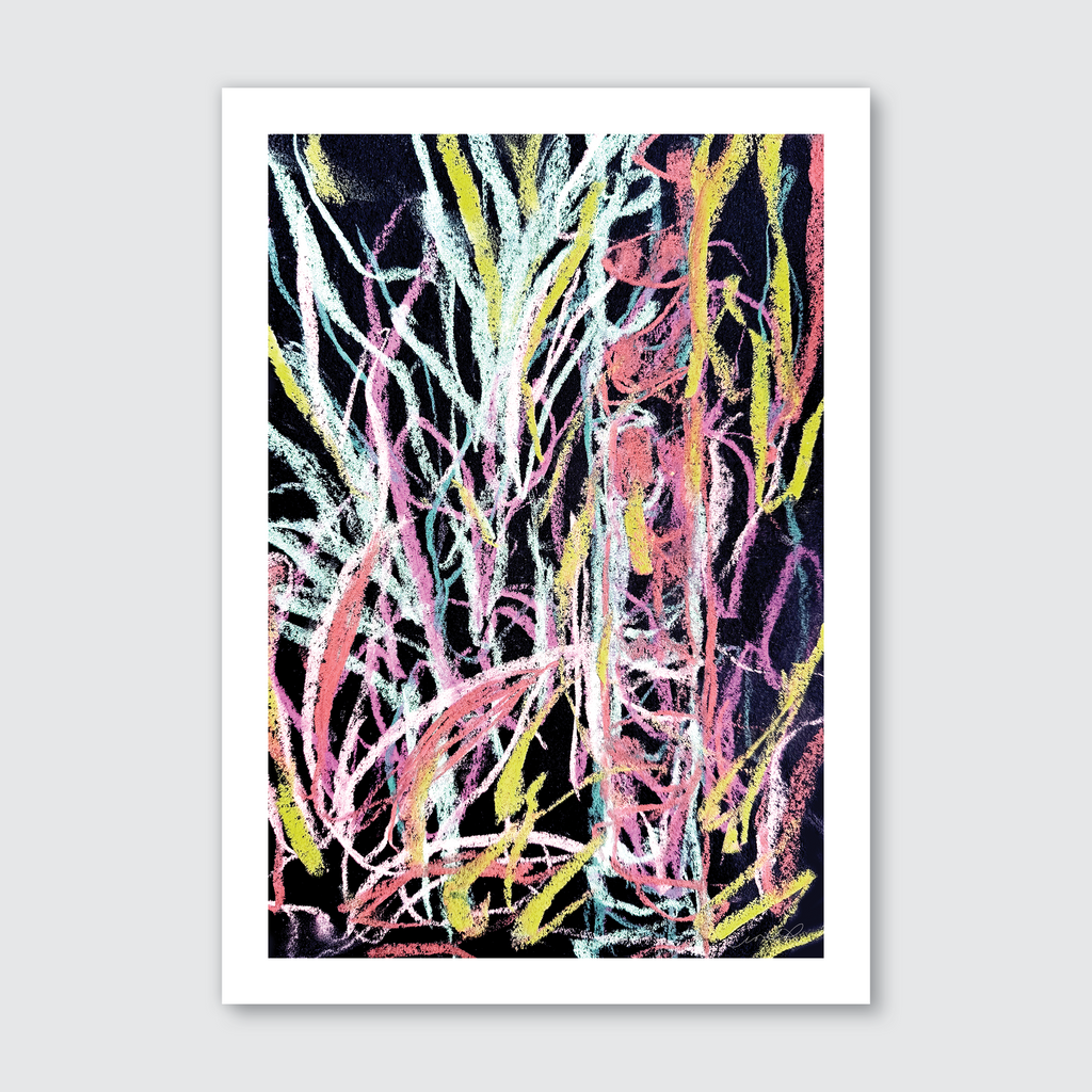 Hand-drawn abstract art print featuring vibrant colors on a black background, depicting natural elements like trees and grass in an abstract style.