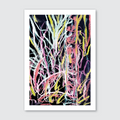 Hand-drawn abstract art print featuring vibrant colors on a black background, depicting natural elements like trees and grass in an abstract style.