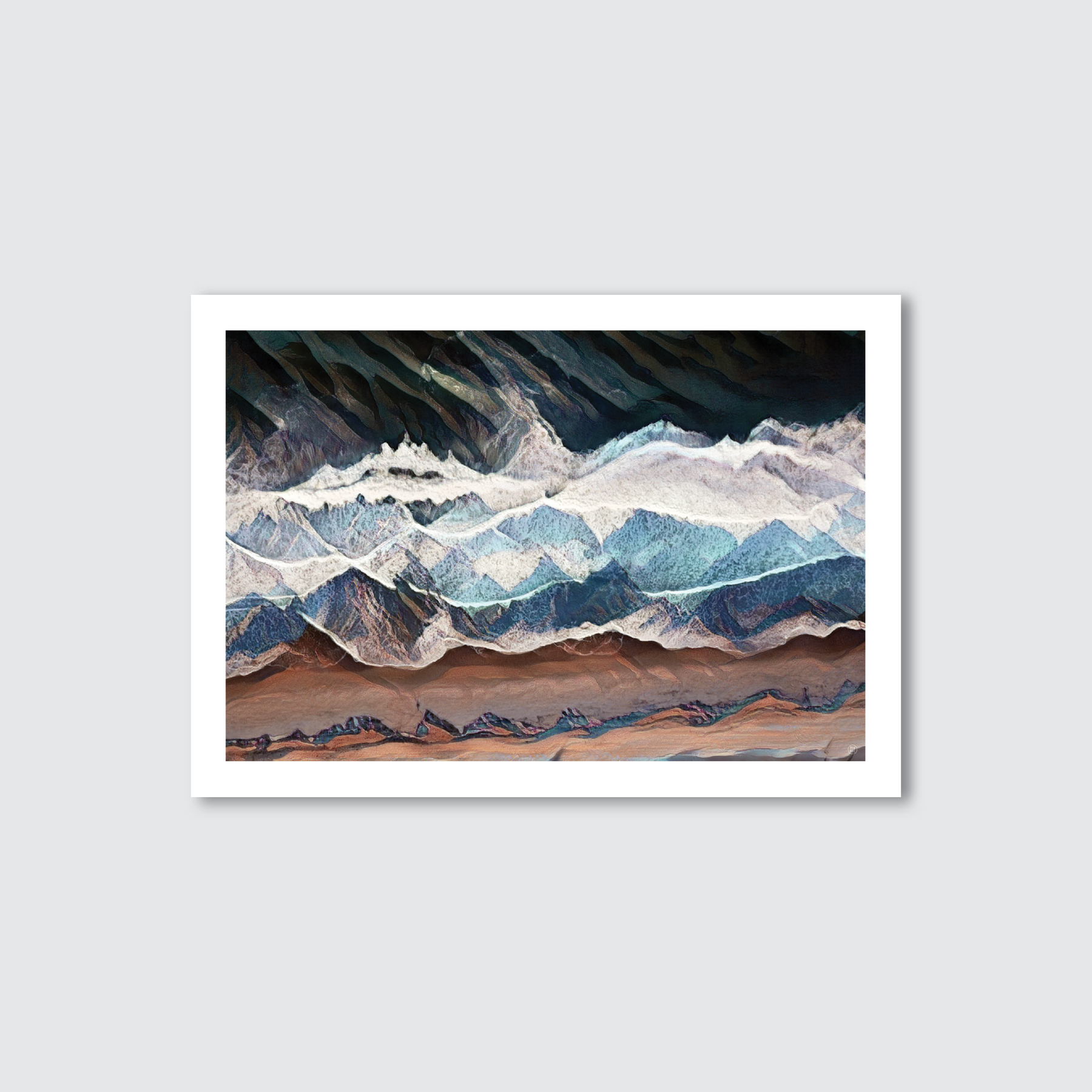 Framed artwork of a aerial of ocean coastal view, looks like a mountain landscape with snow-capped peaks.