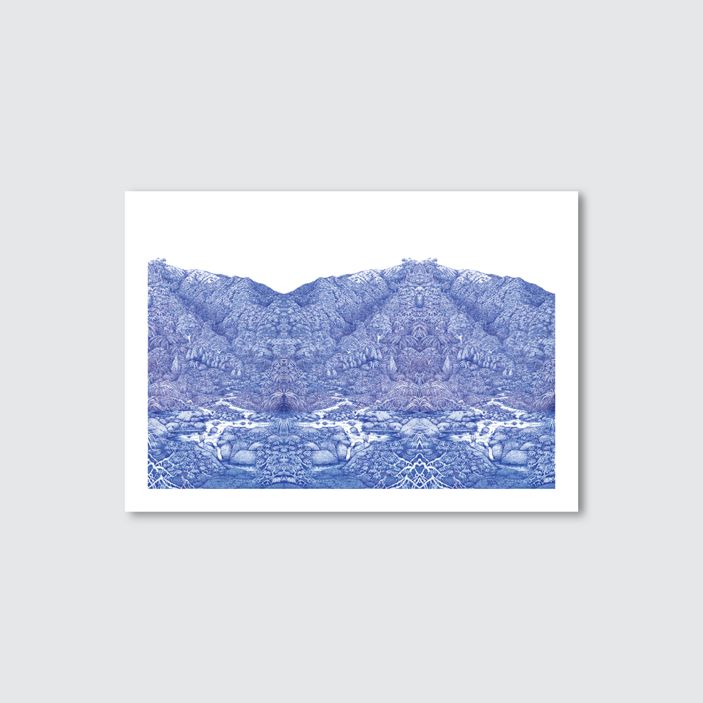 Framed artwork of a mountain landscape in blue on a white background
