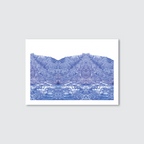 Framed artwork of a mountain landscape in blue on a white background
