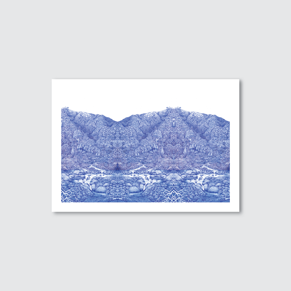 Framed artwork of a mountain landscape in blue on a white background