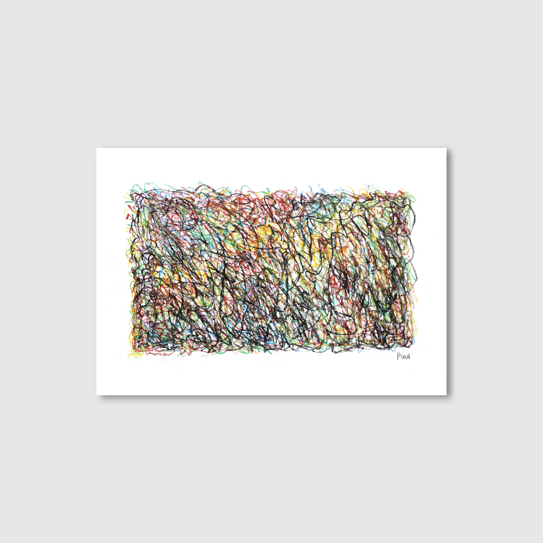 An abstract multicoloured artwork featuring swirls of black, yellow, green, blue, and brown with a freehand border.