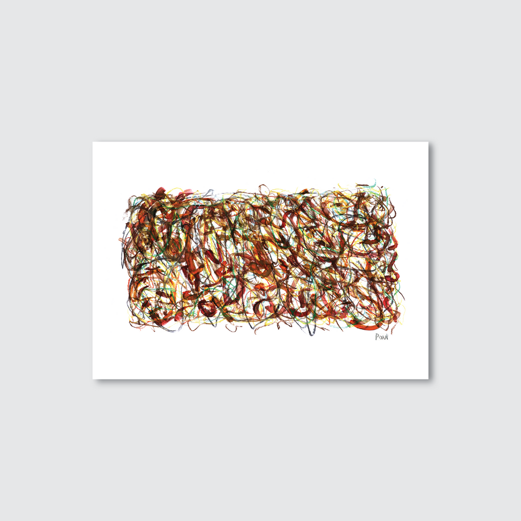 An abstract artwork print featuring a whimsical portrayal of colourful clouds in a soft, muted colour palette, made using watercolour and oil pastels on paper.