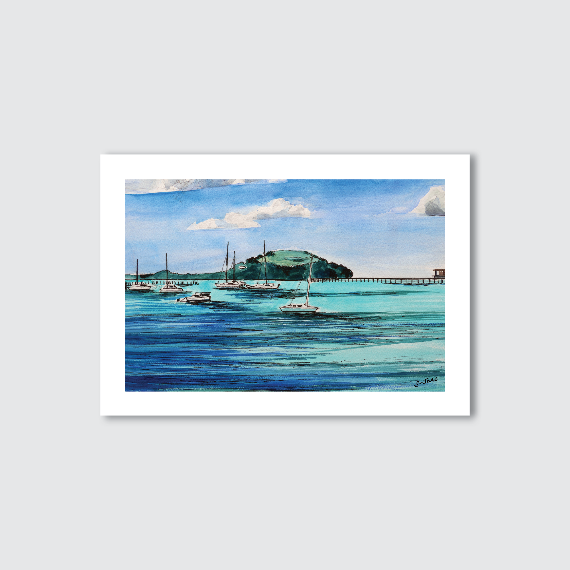 A watercolour and ink illustration of boats on a body of water with a mountain in the background, titled 'Okahu Bay'.