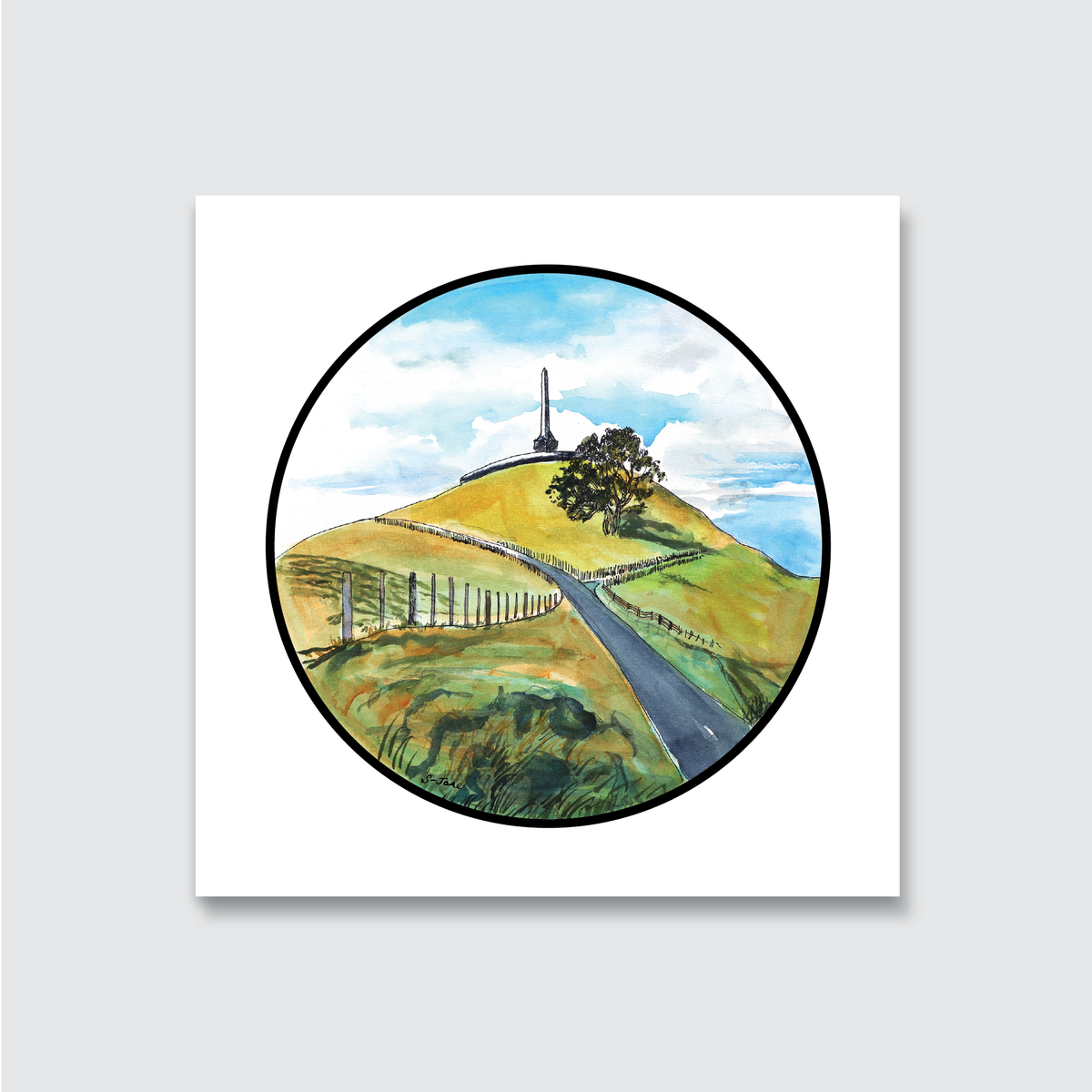 A circular artwork depicting the iconic One Tree Hill scene in New Zealand, featuring a tree on a hill with a fence and a clear sky.