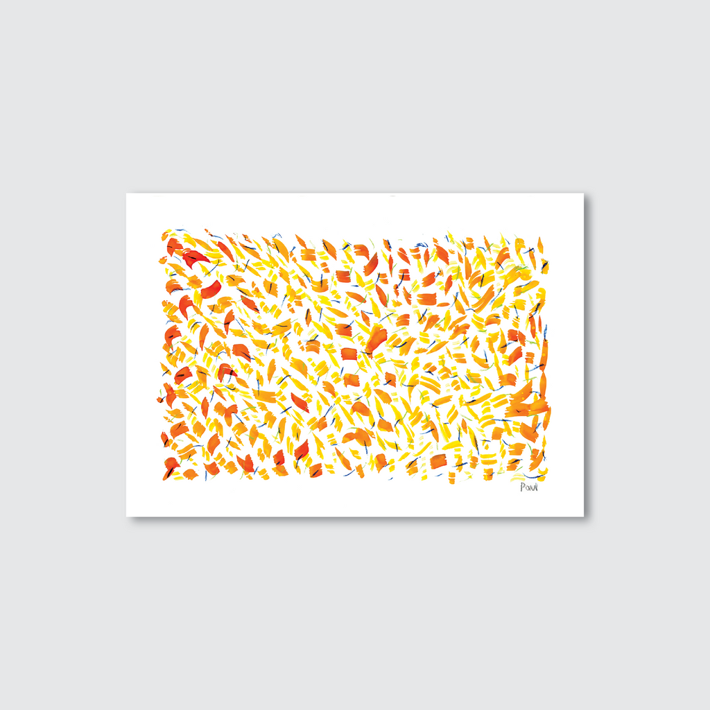 An abstract acrylic painting featuring various irregular splashes of orange and yellow, with a vibrant and fiery appearance.