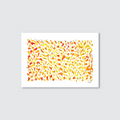 An abstract acrylic painting featuring various irregular splashes of orange and yellow, with a vibrant and fiery appearance.