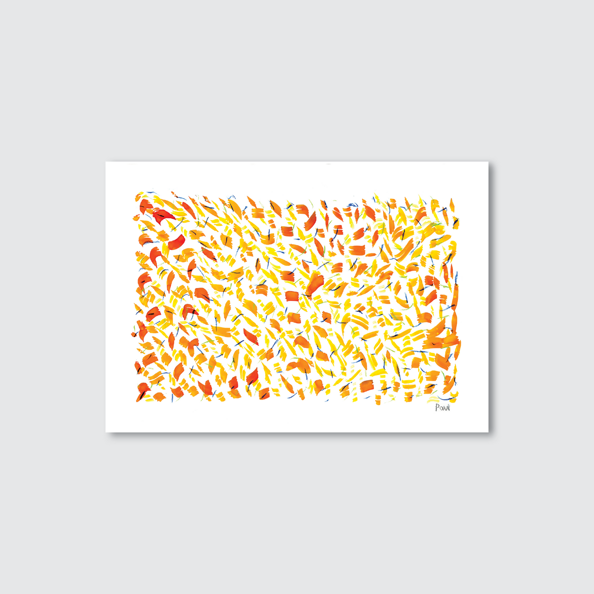 An abstract acrylic painting featuring various irregular splashes of orange and yellow, with a vibrant and fiery appearance.