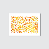 An abstract acrylic painting featuring various irregular splashes of orange and yellow, with a vibrant and fiery appearance.