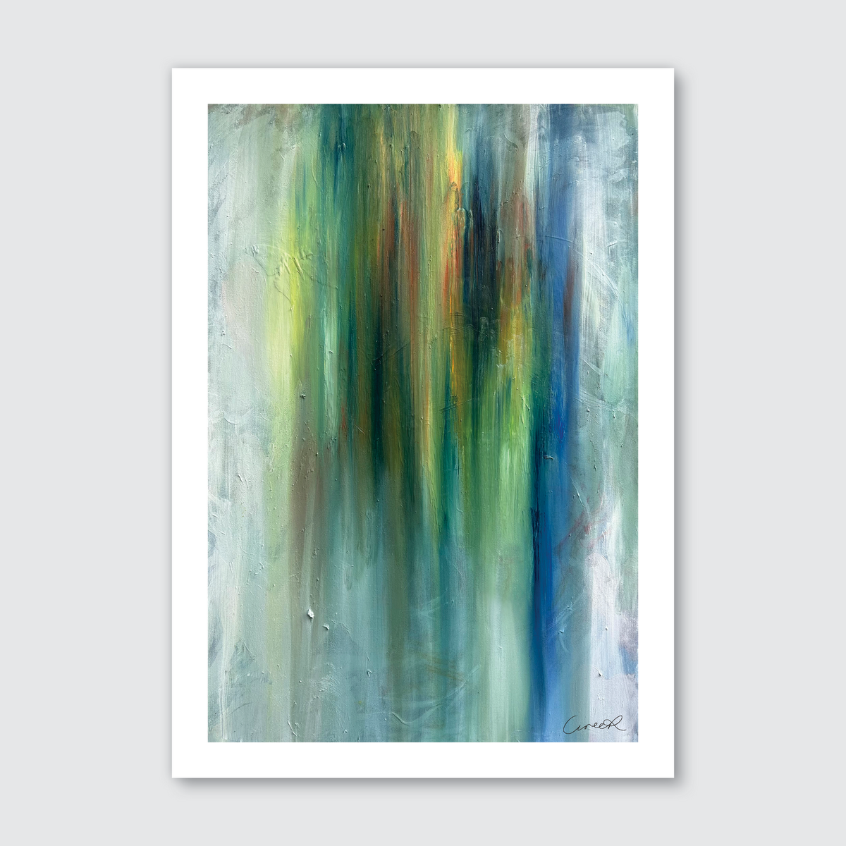 A framed art print featuring an abstract representation with vibrant colors, with the artist's signature at the bottom.
