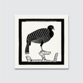 A black and white woodcut print of a peacock perched on a rock, with intricate details and a natural white smooth finish.