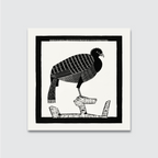 A black and white woodcut print of a peacock perched on a rock, with intricate details and a natural white smooth finish.