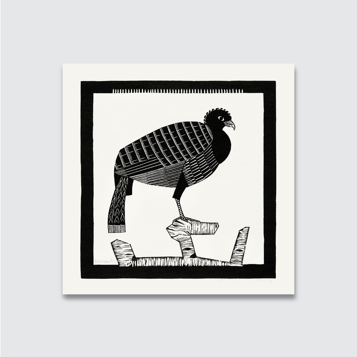 A black and white woodcut print of a peacock perched on a rock, with intricate details and a natural white smooth finish.