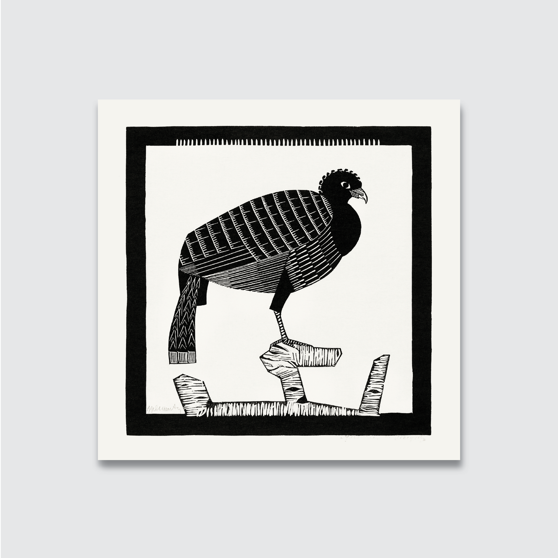 A black and white woodcut print of a peacock perched on a rock, with intricate details and a natural white smooth finish.